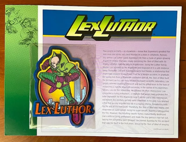 LEX LUTHOR PATCH on INFO CARD ~ Willabee & Ward ~ DC COMICS PATCH COLLECTION