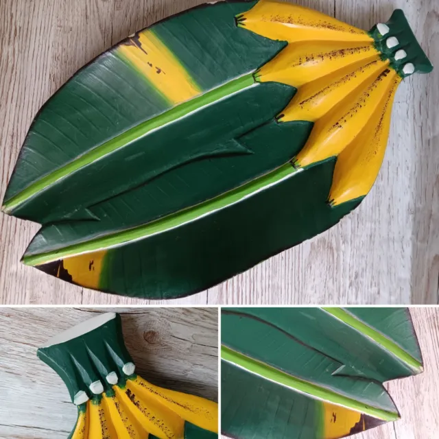 Wood Carved Banana Leaf Tray Bowl Tropical Tiki Decor Hand Painted Vintage