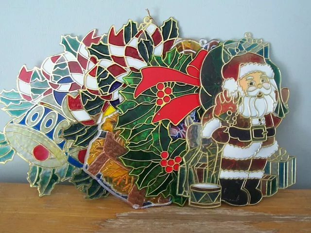 Lot Of 5 Large Vintage Christmas Plastic Faux Stained Glass Sun Catchers