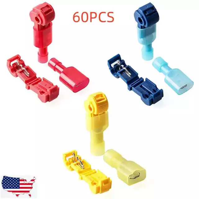 60pcs T-Taps Wire Terminal Connectors Insulated 22-10 AWG Quick Splice Combo Kit