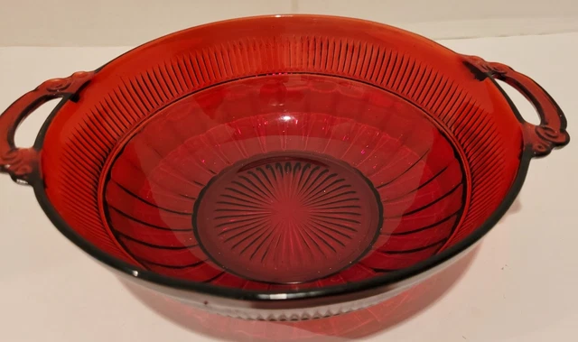 Vtg Red Ruby Coronation/Banded Rib Handled 6.5" Round Bowl Hocking- 1936-40 -Euc