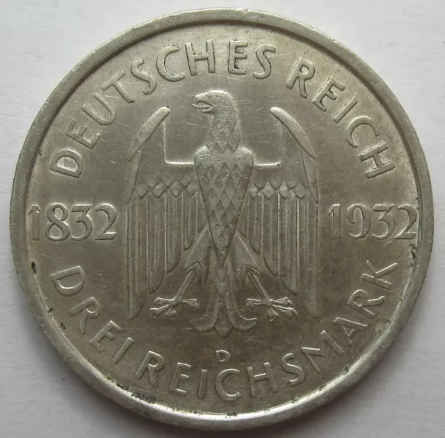 1932-D Silver German Three ReichsMark (#328z)