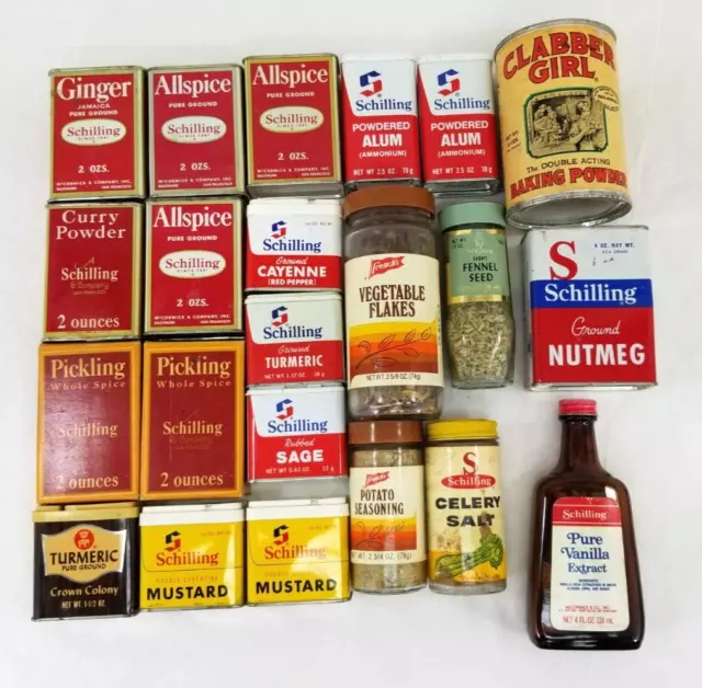 22 Vintage Schilling Frenchs Food Spice Tins Sage Allspice Pickling      Lot 3