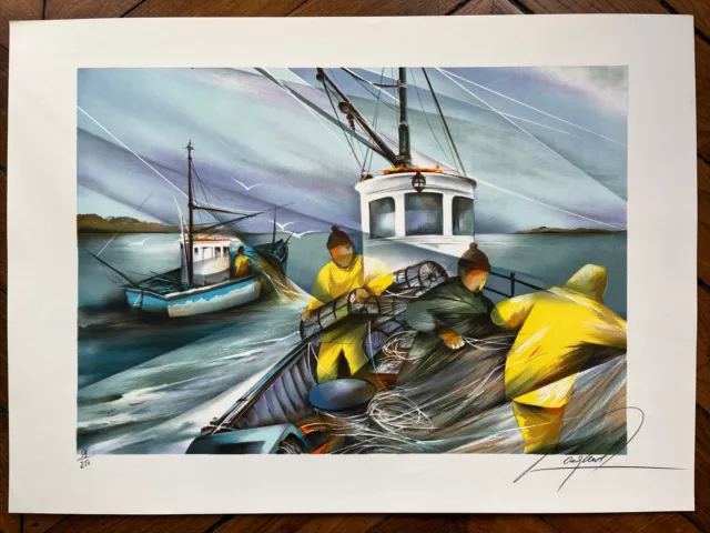 Raymond POULET Lithographie Originale Signée Pêcheur Mer Bateau Marine Bretagne