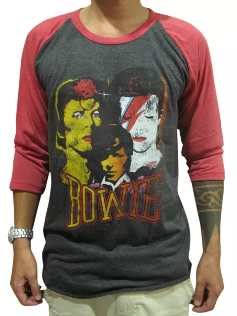 David Bowie Changing Image Rock  Men's Raglan T-Shirt Gray Red Graphic Tee Bunny