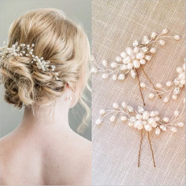 Women Wedding Bridal Pearl Flower Crystal Hair Pins Bridesmaid Clips Side Comb