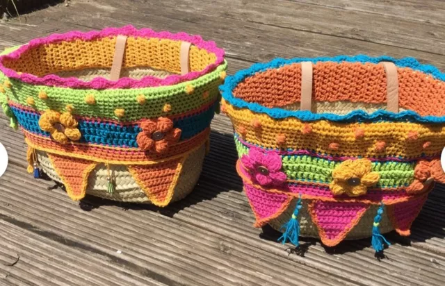 Ibiza Korb Tasche Damen aus Palmgras mit buntem Häkel Muster echte Handarbeit