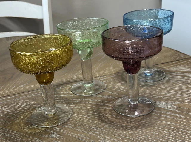 4 GLASS BUBBLES Colored Margarita Glasses Blue Green Yellow Purple $25.