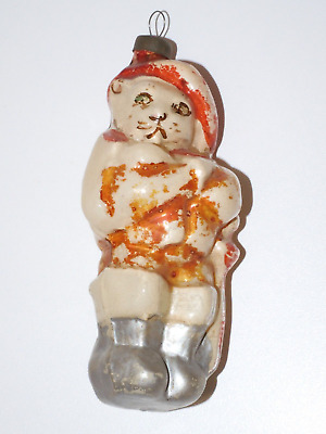 *ANCIENNE BOULE DE NOEL CHAT Botté VERRE Eglomisé Mercurisé Ex URSS