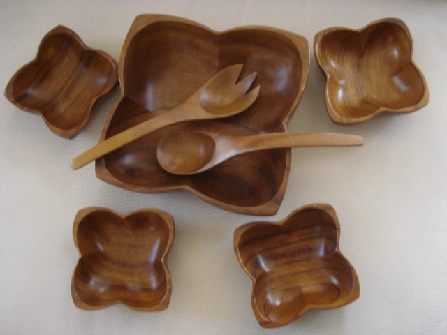 7 Piece Monkey Pod Wooden Square Clover Shape Salad Bowl Serving Set Philippines