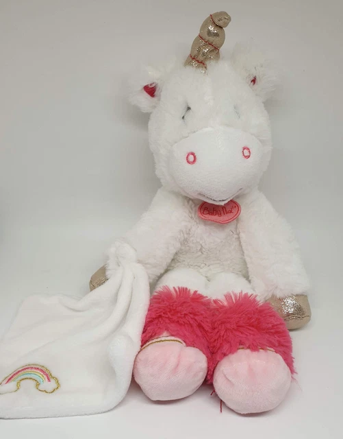 09 - Peluche Doudou Mouchoir Licorne Blanc  Doree Or Arc En Ciel Babynat Neuf
