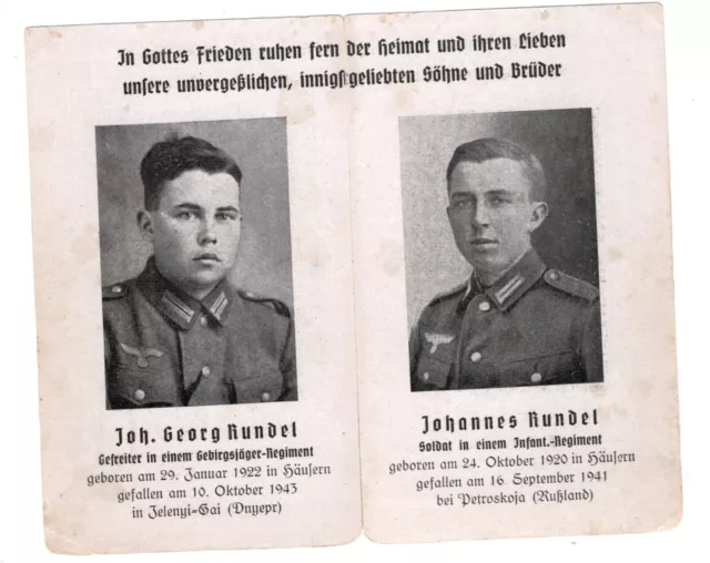 org.Sterbebild ,WK2   Brüder   gef.1943 im Osten ,  aus Häusern
