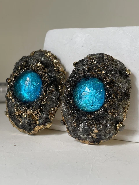 Vintage Ben Amun Earrings Clip Blue Glass Cabochon Huge Chuncky Big Vintage Ben Amun Earrings Clip Blue Glass Cabochon Huge Chuncky Big
