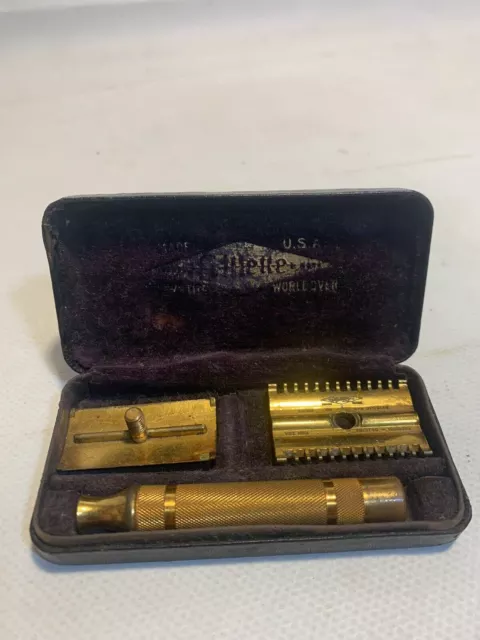 Vtg Gillette Gold Tone 3 Piece Open Comb DE Safety Razor Reissue PAT 17567 Case
