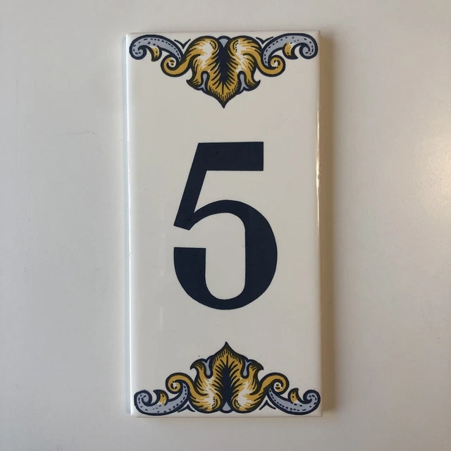 Hand Painted Tile Ceramic Blue  House Number 5   Approx 6x3 Inches
