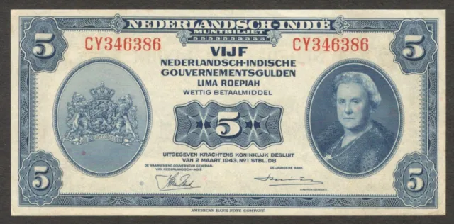 Netherlands Indies Civil Administration Indonesia NICA 5 Gulden P-113 1943 aUNC