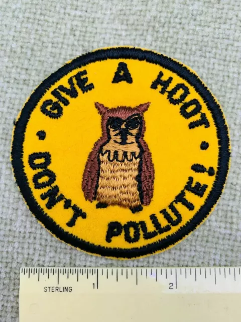 1970s Give a Hoot Don't Pollute Vintage Collectible Embroidered Patch New Velvet