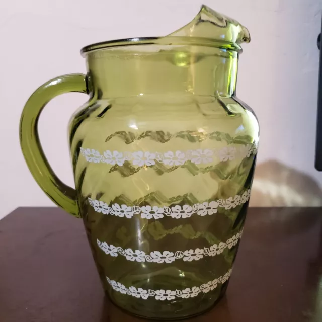1960's Anchor Hocking Green Optic Swirl Glass Pitcher With White Flowers