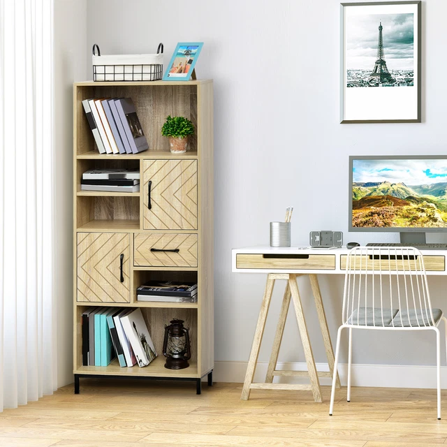Wooden Bookcase W/ Door Cabinets, Drawer, Open Compartments, Study Display Shelf