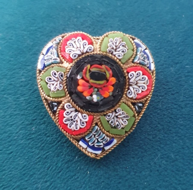 Broche Victorienne Venitienne antique micro mosaïque cœur Old Brush