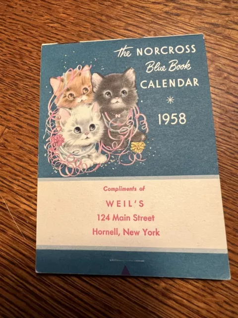 NORCROSS Blue Book Calendar Easel Style 1958 Compliments of Weil's Hornell NY
