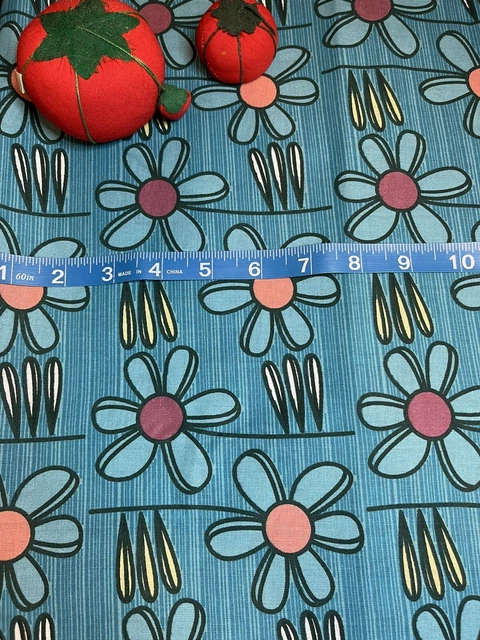 Turquoise & Teal Flower Drawing Print Cotton Fabric - FQ Or Continuous Cut New