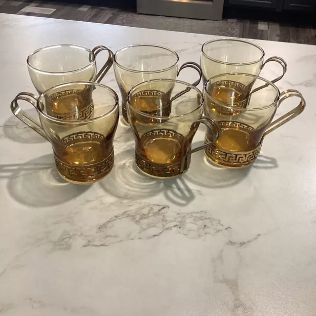 Set of 6 Amber Libbey Glass Greek Key Continental Irish Coffee Cups