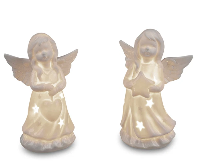 2er Set LED Statua Angelo Cuore + Stern H.12cm Bianco Porcellana FORMANO W23