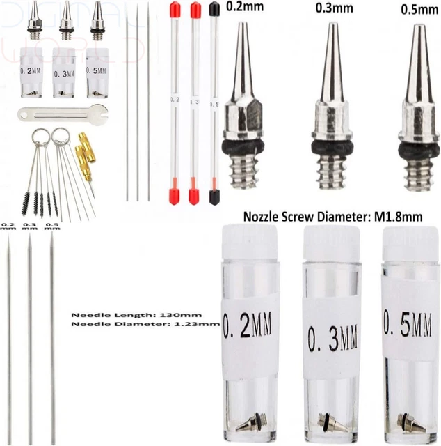Boquillas de aerógrafo Uuouteo 0,2 mm, 0,3 mm, 0,5 mm 0,3 mm, 0,5 mm/Kit de limpieza