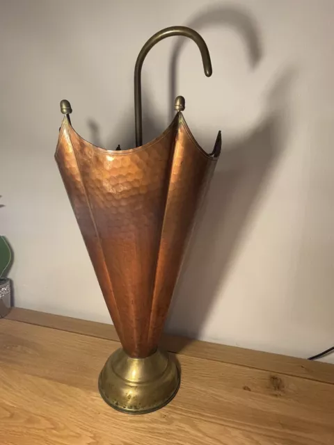 Antique Hammered Brass & Copper Umbrella Holder Walking Stick Stand Vintage