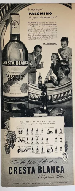 Vintage 1940s Cresta Blanca Palomino Sherry Ad