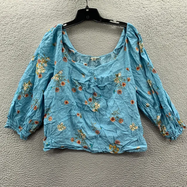 ANA Blouse Womens 1X Top Floral 3/4 Sleeve Crop Blue Sheer