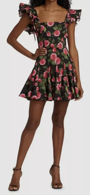 New Alice + Olivia Floral Ruffle Sleeve Fit Flare Dress In Black/Pink Sz 10 $495