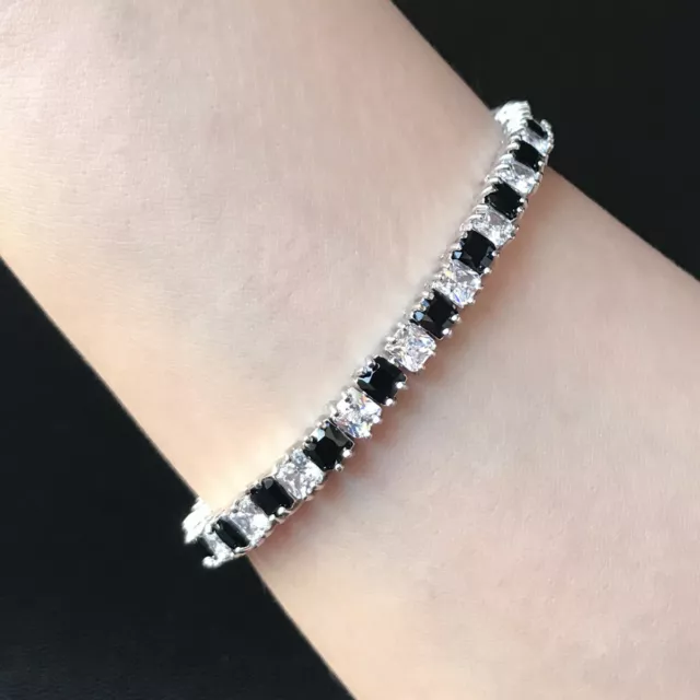 4mm Princess Cut Black Onyx Cubic Zirconia White Gold Plated Tennis Bracelet 7"