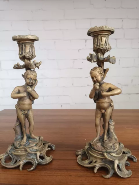 Antique Brass Ornate Pair Cherub Candlesticks Baroque Candle Holder Victorian 2