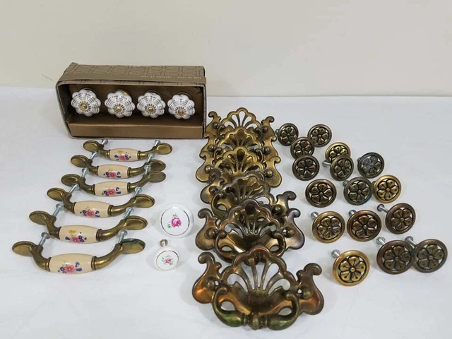 Lot 34 Vintage New Brass Ceramic Dresser Drawer Handles Pulls Knobs Hardware