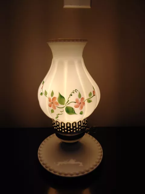 Rare Vintage Hand Painted Milk Glass Hurricane Lamp Hobnail  Base,Normal Aging