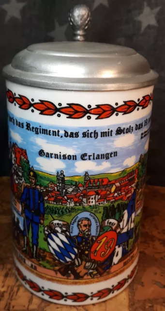 German 19th Infantry Regiment BEER STEIN metal Lid Mid-Century