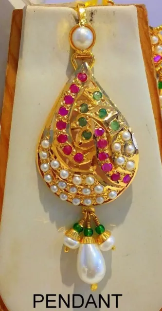 Ruby Emerald Pearls Punjabi Set Necklace Pendant With Earring Bridal Jewelry