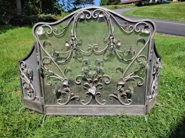Hand Forged Wrought Iron Fireplace Screen With Blown Glass Flowers