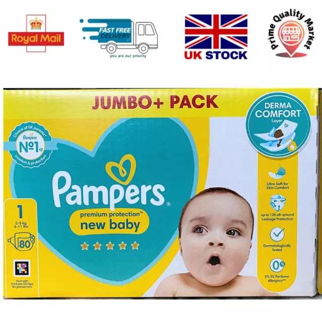 Pampers New Baby Size 1 Nappies Jumbo 80 Pk Ultra Absorbent Soft Sensitive Skin