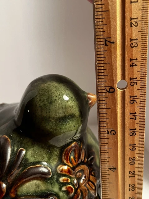 Large Ceramic Green Bird Figurine Brown Floral Glazed 6" Tall 7