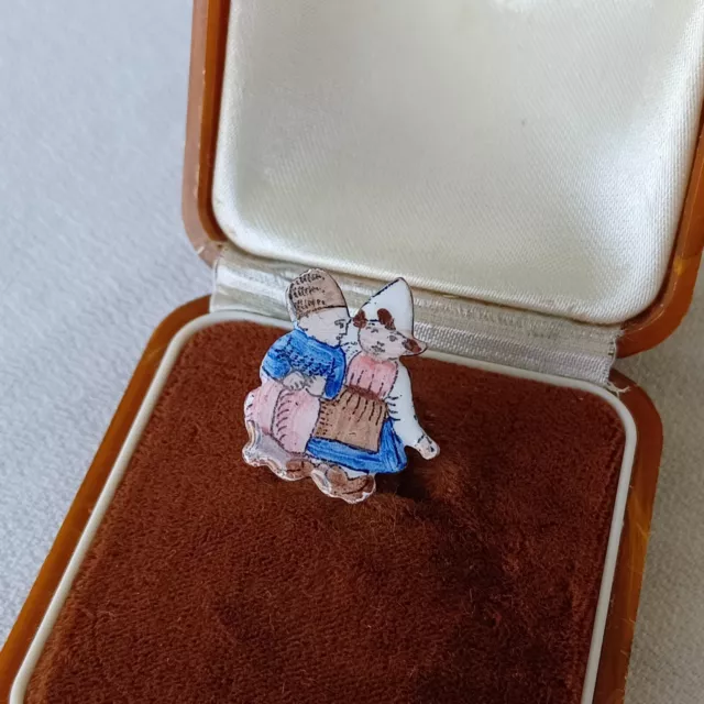 Vintage Czechoslovakia Tiny Enamel Brooch Dutch Boy and Girl Signed Pink Blue