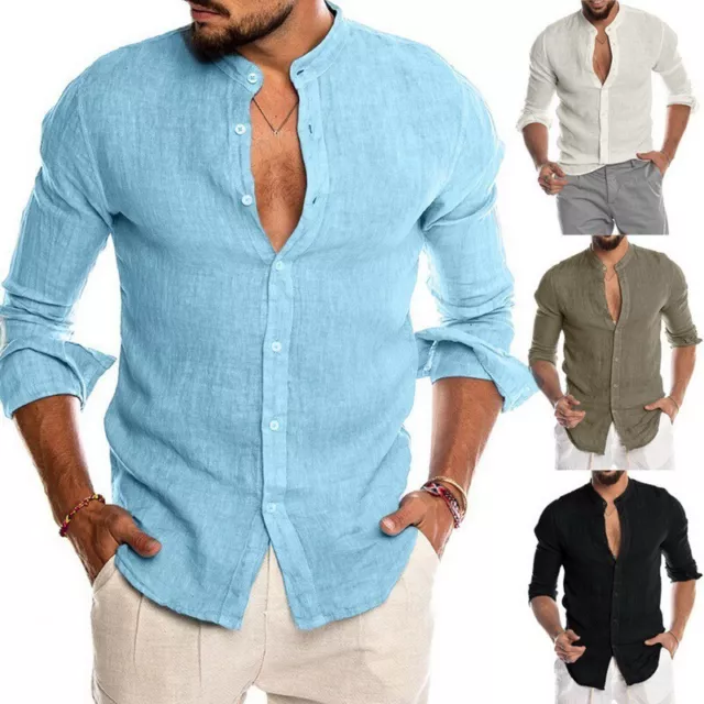 Camicia da Uomo a Maniche Lunghe T-Shirt Solido Casual Fit Traspirante Lino A#+