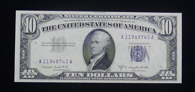 Series 1953 B  U.S. Ten Dollar $10 Silver Certificate Note Blue Seal UNC LOOK 3