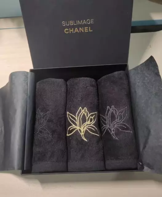 Chanel Beauty Gift Towel Set Of 3 Pcs Black Flower Sublimage In Box Vip Gift