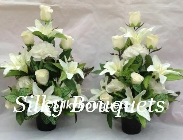 Grave Flower Pot Arrangement Artificial Silk Flat Back White Rose Pair Tribute