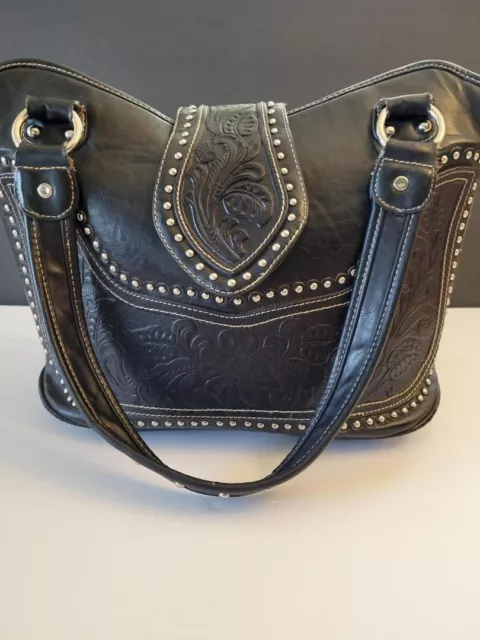 Montana West Ladies Large Concealed Carry Western Style Tooled Purse in Black