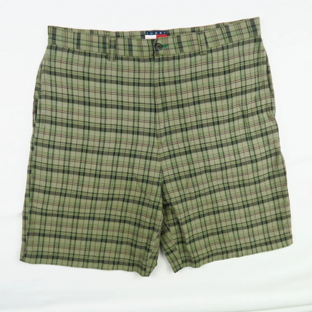 Tommy Hilfiger Shorts Mens 36 Blue Tan Green Plaid Flat Front Casual Bermuda