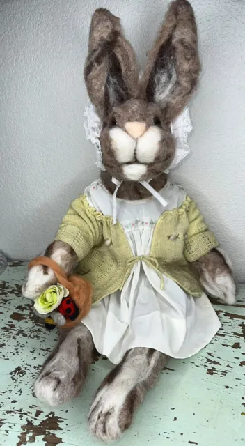 Needle felted Large OOAK Rabbit bunny Vintage Clothing spring “read”easter